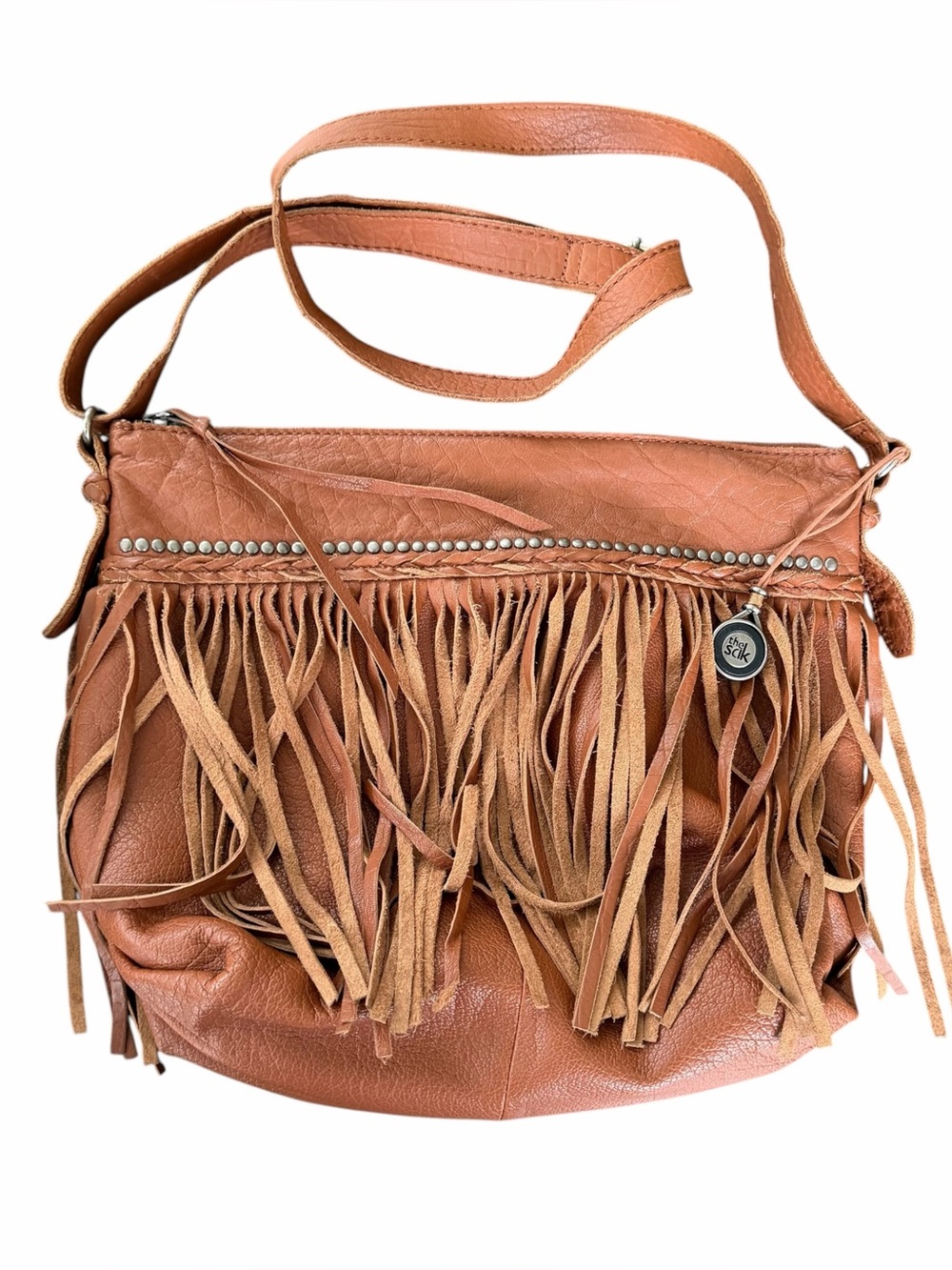 The Sak Hanging Leather Fringe Studs Chestnut Brown Leather Crossbody Never Used